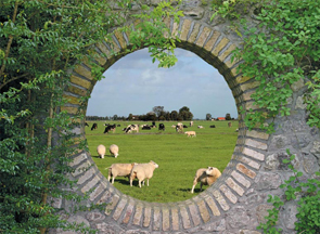 tuinposter stenen doorkijk geheime tuin hollands landschap schapen koeien