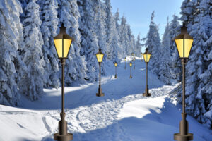 Bospad met sneeuw en lantaarns bij Kerstdorp bijv. Lemax