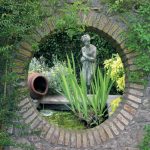 tuinposter met doorkijk vijver met standbeeld