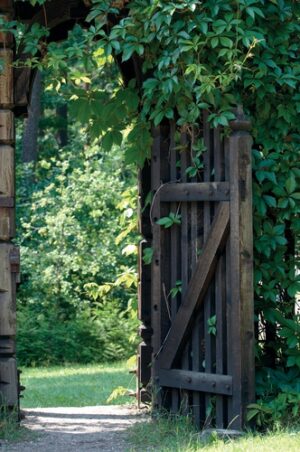 tuinposter met doorkijk Open houten poort