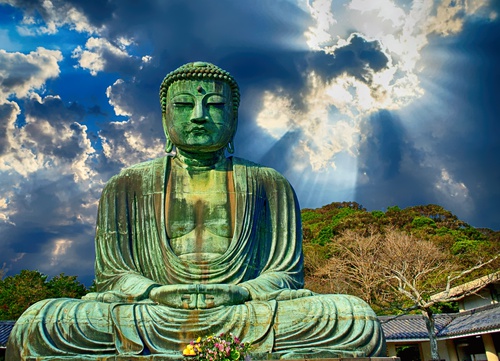 tuindoek groene boeddha blauwe lucht
