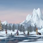 Kerstdorpachtergrond spelende pinguins