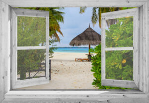 tuinposter 95x130 cm Openslaand wit venster: tropisch strand