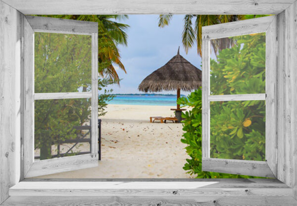 tuinposter 95x130 cm Openslaand wit venster: tropisch strand