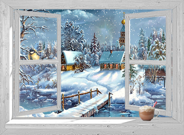 winter poster doorkijk wit venster dorpje