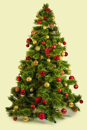 Kerstboom op doek met rode kerstballen