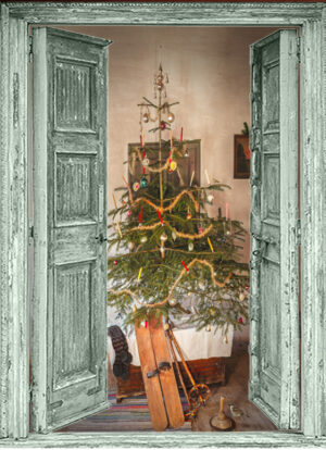 Open groene deuren - vintage kerst tafereel - skie