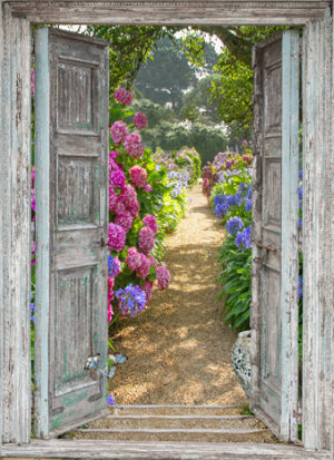 tuinposter doorkijk deuren hortensiatuin