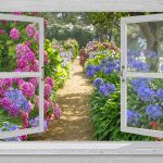 tuinposter venster hortensiatuin zonder huis